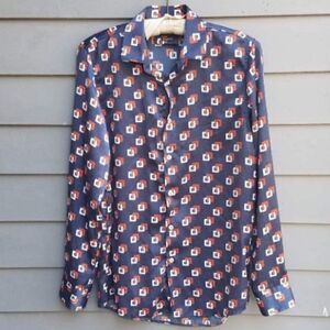 Zara Red White Blue Button Down Long Sleeve Blouse see measurements